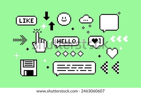 A set of pixels elements. Y2k trendy stickers. Mood of 90's aesthetics. 8-bit retro style vector illustration. Neon background. Trendy geometric brutalism UI. Simple form, arrow, symbol, icon