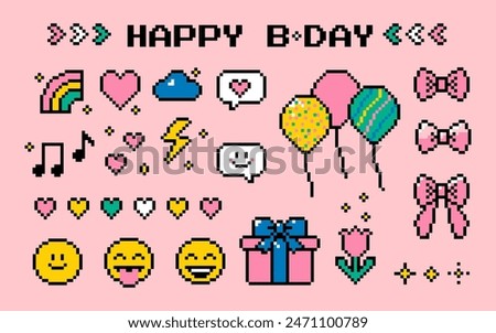 Pixel art happy birthday elements collection. Present, ballon, holiday, party icon set. Colorful. Y2k trendy playful pixelated stickers. Mood of 90's aesthetics. 8-bit retro style vector illustration