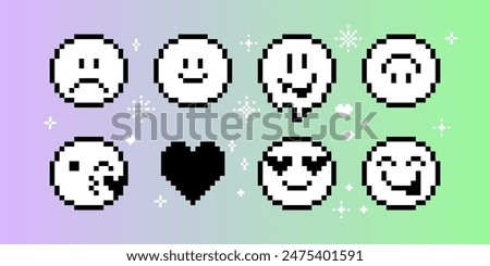 Pixels Y2k funny playful emoticon stickers. Love, kiss, melting smile. 8-bit retro style vector illustration for social media. Set of emoticons pixel art. Emoji pixelated icons. Various faces
