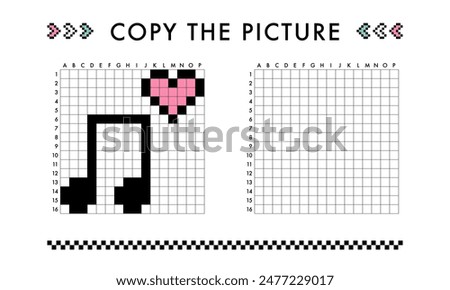 Copy the cute music notes picture game. Drawing with squares. Educational worksheet for kids. Coloring activity for preschool and school children. Pixel art vector illustration. Printable pattern