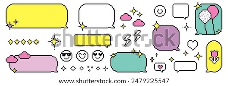 Speech bubbles in the mood of 90's aesthetics. Set of pixel art dialogue box with shining stars emoji, heart and sparkles. Bright funny colors. 8-bit retro style pixelated vector illustration on white