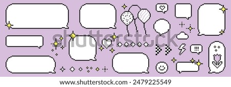 Set of pixel art dialogue box with shining stars emoji, heart and sparkles. Speech bubbles in the mood of 90's aesthetics. 8-bit retro style pixelated vector illustration