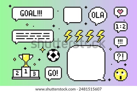 Soccer icons speech bubbles. Pixel art elements set. Football text messages. Y2k trendy playful pixels stickers. Mood of 90's aesthetics. 8-bit retro style vector illustration. Simple geometric form