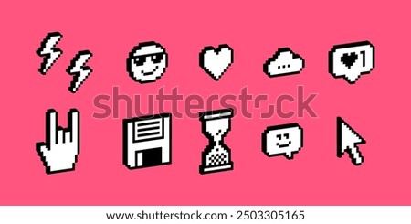 3D pixel art elements set. Y2k trendy stickers. Hourglass, lightning icon. Smile, heart, cloud. Mood of 90's aesthetics. 8-bit retro style vector illustration pack. Voxel art. Simple geometric form