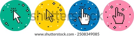 Hand click and arrow pointer cursor icon set in pixel art. Y2k trendy stickers. Pixel elements. Mood of 90's. Cyber aesthetic. 8-bit retro style vector illustration for collage, web, banner, poster