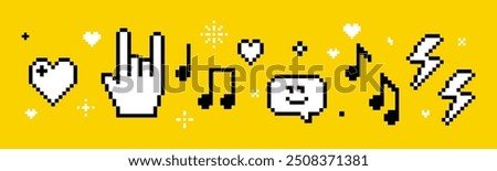 Festival vector concept in pixel art. Trendy Y2k retro sticker set. Playful pixel shapes. Player, melody, song, heart. Rock hand icon. Fans, rock-n-roll, music notes, cool. Mood of 90's aesthetics