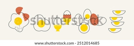 Chicken eggs doodle vector illustration set. Egg menu. Fresh brown egg. Fried egg. Boiled chicken egg in cup, cooked and cut into pieces. Eggs set. Perfect background for cafe, menu, poster, cover 