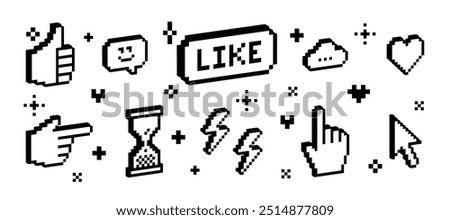 3D pixel art black elements set. Y2k trendy collage stickers. Thumbs up, smile face, heart. Mood of 90's aesthetics. 8-bit retro style vector illustration. Simple geometric shape. Game abstract icons