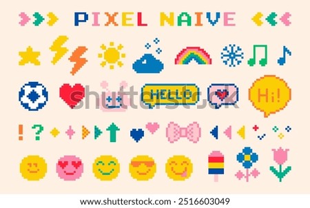 Childish icon set in pixel art. Funny naive design elements. Sun, music note, robot, smiling face, rainbow Mood of 90's aesthetics. 8-bit retro style vector illustration for kids design, game, collage