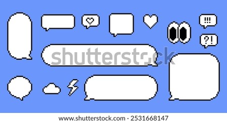 Pixel empty speech bubbles set. Y2k pixelated shape for chat, text message, dialog, conversation frame. 8 bit retro game style dialogue box, icons. Editable vector elements. Trendy stickers