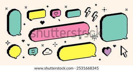 Pixel speech bubble set. Y2k trendy stickers for collage, poster. Bright modern shape for chat, text message, dialog, conversation frame. Retro style dialogue box, icons. Futuristic 3d vector elements