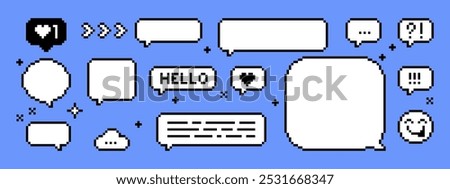 Speech bubble set in pixel art. Y2k trendy sticker for collage, poster. Pixelated shape for chat, text message, dialog, conversation frame. Retro game style dialogue box, icon. Editable vector element