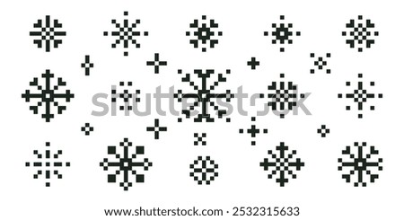 Set of y2k snow pixel icons. Snowflakes pattern. Game abstract elements. Black. Christmas pattern. Mood of 90's. 8 bit editable vector illustration in pixel art style. Xmas. Simple geometric shape