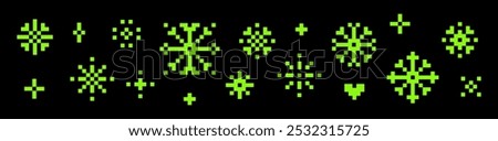 Snowflakes pattern. Set of y2k pixel icons. Game abstract elements. Green. Christmas pattern. Mood of 90's. 8 bit editable vector illustration in pixel art style. Xmas. Simple geometric shape