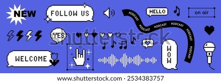 Radio podcast editable pixel vector set. Podcast pixel art sticker pack. Speech bubble, music note and cool badge element. Game abstract elements. Y2k modern geometric shape for collage, poster