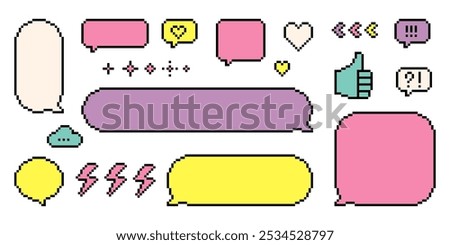 Pixel dialogue box. Empty speech bubbles set in pixel art. Y2k bright shape for chat, text message, dialog, conversation frame. 8 bit retro game style icons. Editable vector elements. Trendy stickers