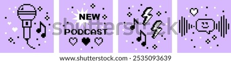 Podcast vector design elements. Pixel art. Y2k. Trendy retro square card set. Playful modern shapes for post, poster, cover, bg. Heart, microphone, music note, radio. Mood of 90's aesthetics. 8 bit