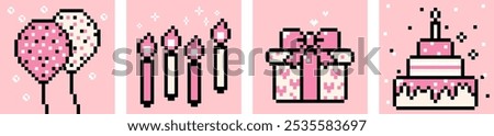 Happy Birthday y2k pixel square cards. Pixel art style. Party concept. Candles. Cake. Present. Cute Birthday sticker set. Game abstract elements. Bright modern shape for post, posters, bg in pink