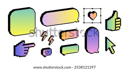 Speech bubble set. 3D Pixel art. Text balloons. Empty dialogue box. Y2k bright gradient vector shape for chat, text message, dialog, conversation frame. Trendy stickers. Voxel. Cool design elements