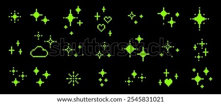 Y2k star sparkle green elements. Glitter pixel art. Heart. Mood of 90's aesthetics. 8-bit retro style editable vector illustration. Simple geometric shape for collage, glamour design. Game abstract