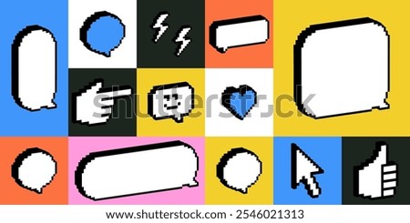 Pixel speech bubble set. Y2k trendy pattern, bg, collage, poster. Bright modern shape for chat, text message, dialog, conversation frame. Retro style dialogue box, icons. Futuristic 3d vector elements