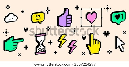 3D vintage social media icon emoji. Pixel art. Y2k modern online communication collage sticker set. Smile face, like, speech bubble message. 3D bright geometric objects isolated on white background