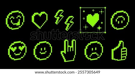 3D emoji pixelated icon set. Various futuristic elements. Y2k modern collage stickers in pixel art. Emoticon. Smile face, kiss, sad face, heart and hand. 8 bit retro style vector illustration on black