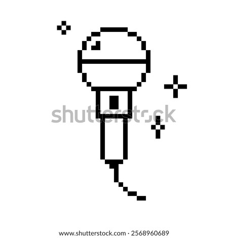 Microphone pixel art icon. Mic, sing song, karaoke icon. Music festival, concert vector illustration. Trendy Y2k retro mike sticker. Playful geometric pixel shape. Mood of 90s. Game abstract element