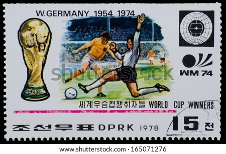 NORTH KOREA - CIRCA 1978: A Stamp printed in NORTH KOREA shows the Germany world Cup champion (1954, 1974 ) from the series \
