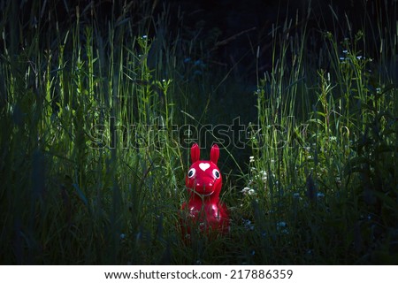 inflatable donkey in the grass at night