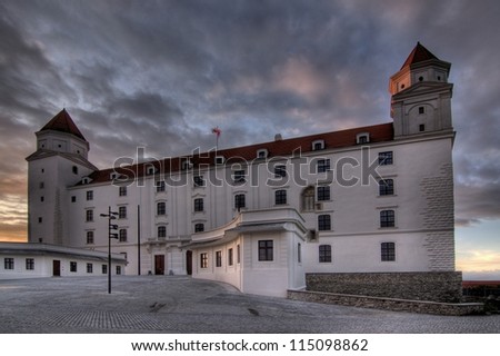 Bratislava castle (Bratislavsky hrad), a massive rectangular building with four corner towers on a isolated rocky hill above the Danube river in the middle of Bratislava, Slovakia