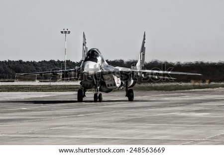 POZNAN, POLAND - JULY 11, 2014:The Mikoyan MiG-29 Fulcrum is a jet fighter aircraft designed in the Soviet Union.
