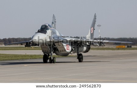 POZNAN, POLAND - JULY 11, 2014:The Mikoyan MiG-29 Fulcrum is a jet fighter aircraft designed in the Soviet Union.