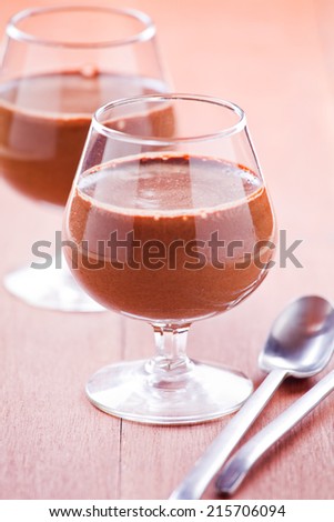 Close up photograph of a cup of chocolate mousse