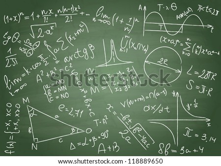Mathematical formulas on a green school board