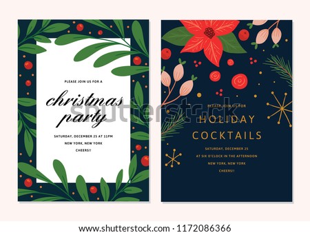 Vector Floral Christmas Invitations. Cocktail Party Template