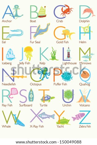 Colorful Ocean Theme Alphabet With Letters And Description On Beige ...