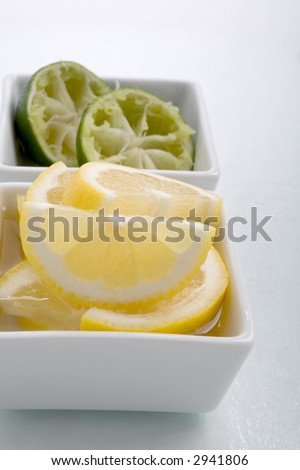 Bar garnish of fresh sliced lemon  and squeezed lime for any cocktail. Sliced Lemons and limes placed in a square bowl with water.