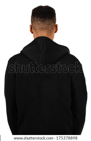 Clothing concept: Black jumper from the back on the model in white background