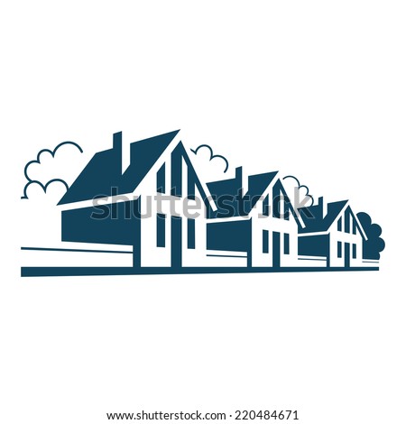 Vector icon of houses. Logo design template. Sign of real estate. Perspective view of street with group of cottages, trees, fences. Illustration for print, web