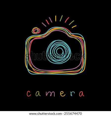 Vector camera icon. Doodle hand drawn sign in sketch childish style. Original decorative illustration for print, web