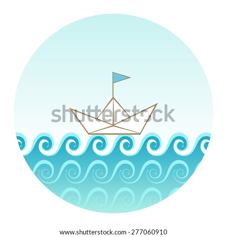 Vector icon with sea, waves, sky, paper ship. Concept of travel, adventure. Original circle design element. Illustration for print, web