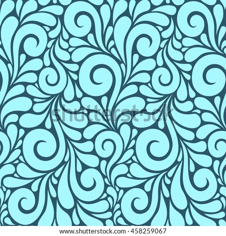 Vector floral seamless pattern with swirl shapes. Blue ornamental background. Decorative illustration for print, web