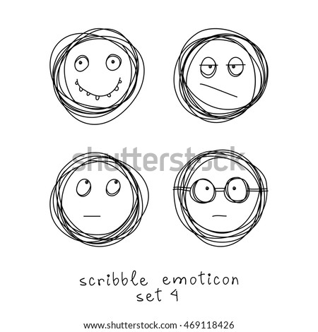 Vector set of doodle emoticons and emoji. Hand drawn scribble icons. Cute linear design element. Black and white illustration for print, web