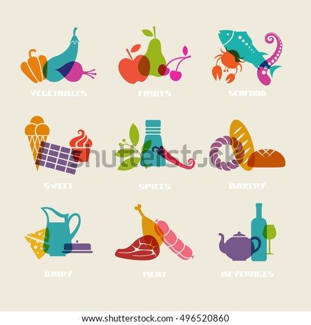 Vector food, drink icon. Set of sign for menu, market. Vegetables, fruits, seafood, sweets, spices, bakery, dairy, meat, beverages logo template. Healthy lifestyle illustration for print, web