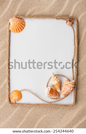 Beautiful frame of rope and sea shells with a white background on the sand, with place for your image, text