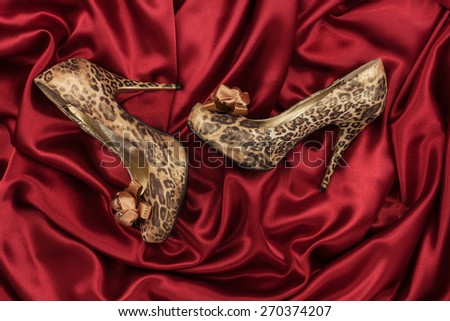 High-heeled shoes  lying on red  fabric, can use as background