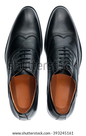 Classic male black leather shoes isolated on a white, top view ストックフォト © 