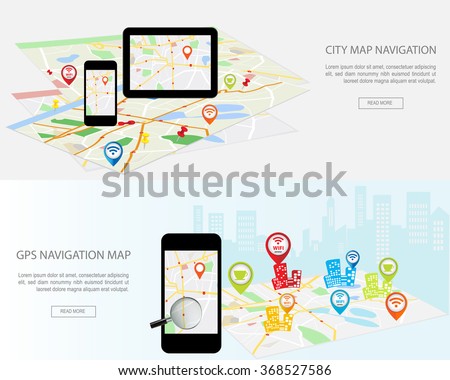 Navigation map on on modern digital devices. Modern set of flat design concepts with city map gps navigator on smartphone and tablet screen. Concepts web banner infographics and printed materials. 