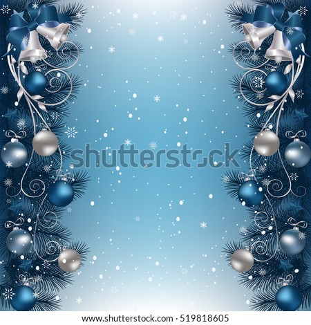 Christmas Background With Fir Branch Border With Bells Ribbons And Christmas Decorations Christmas Background With Fir Branch Border With Bells Ribbons And Christmas Decorations